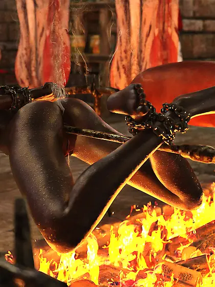 Black girl impaled,  spitroasting,  barbecue,  BBQ