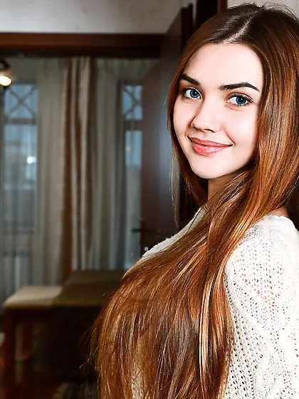 See-through panties brunette posing totally nude in a hallway Vi