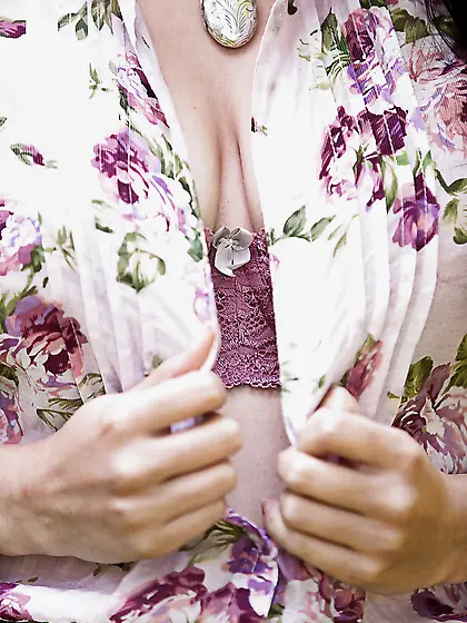 Brunette woman walks in the forest and sudden desire to masturba