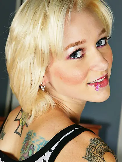 Cute and hot blond punk babe,  Miss Kitty gets naked and gets fuc