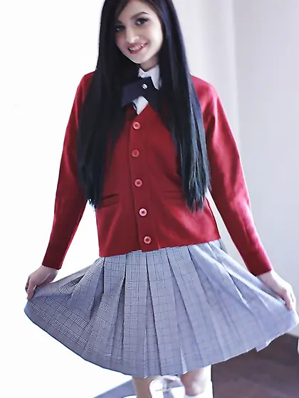 Long-haired brunette can flash private parts without taking off