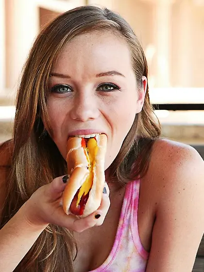 Capri Anderson gags on multiple sausages and gets her bald pussy