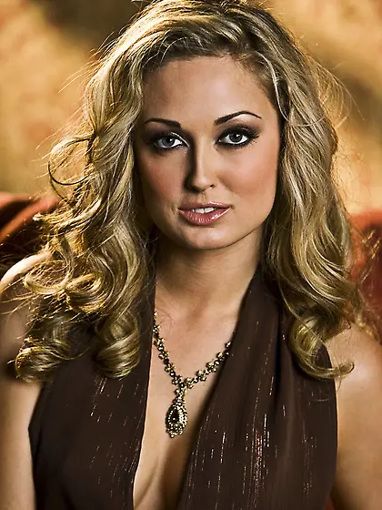 Classy blonde model Melissa Jacobs takes off her brown dress and