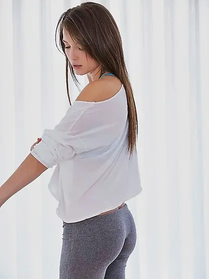 Enchanting females working out while undressing and eating sweat