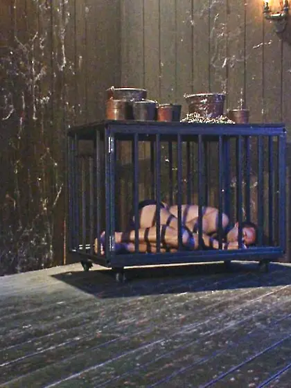 Blindfolded tied guy trunks