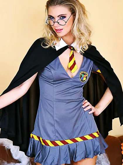 Glassed Halloween girl Ally strips naked and spreads her hairy p