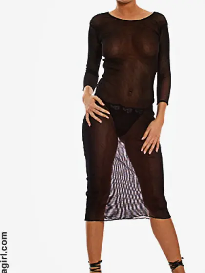 Brunette babe Jamie Hunger in transparent dress and sexy panties