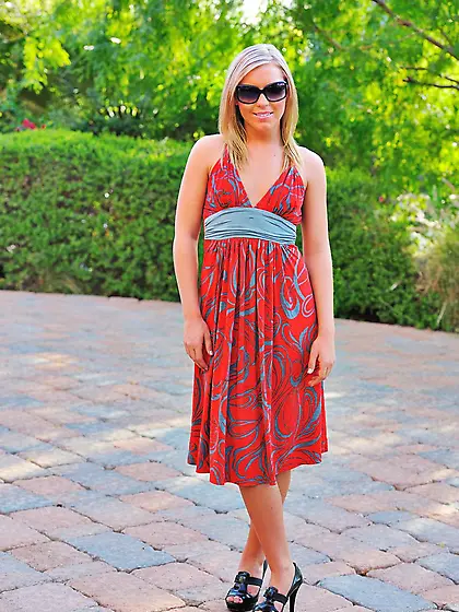 Blonde Ally FTV in red dress removes her panties and fucks her p