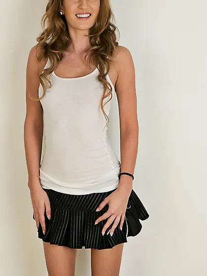 Blonde beauty Maci Winslett takes off tiny skirt and top and sho