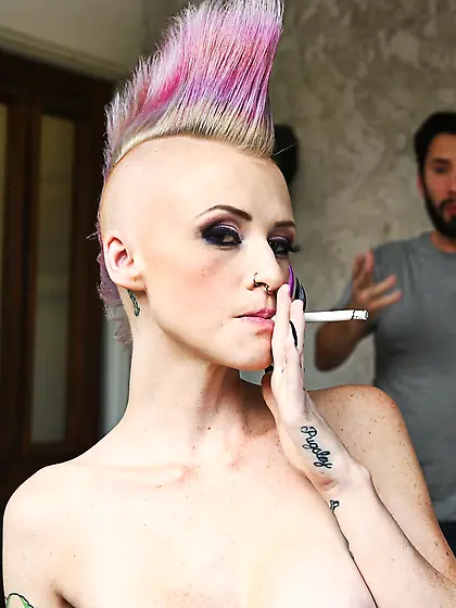 Shaved blonde smoking blowjob