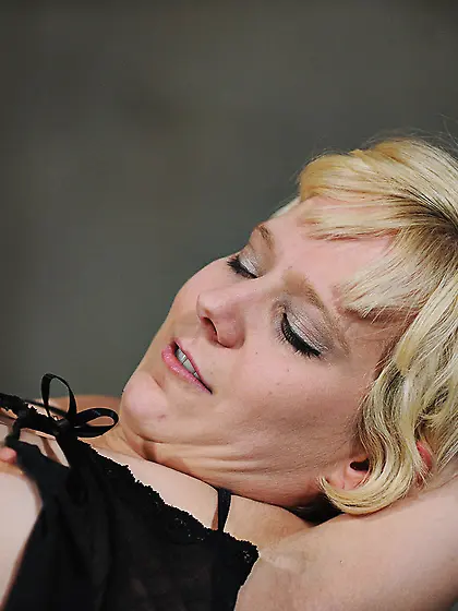 Slim curvy submissive bondage in the gym