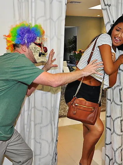 Scary clown with a stupid wig gets to fuck a tight Asian teen pu