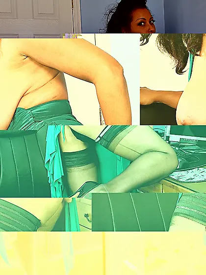 Hot woman Donna Ambrose in black stockings and green dress expos