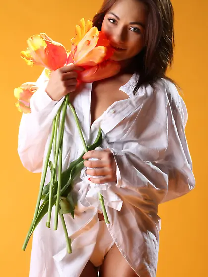 White shirt/white panties brunette loves flowers and showing her
