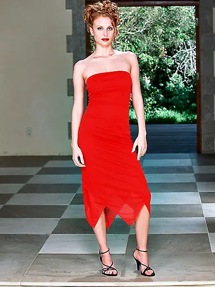 Classy redhead babe Anya strips her classy red dress and shows u