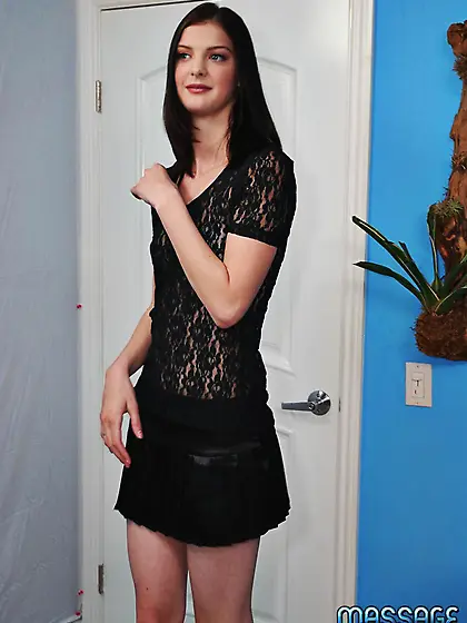 Tall flat chested teen brunette Molly Madison rubs man's body an