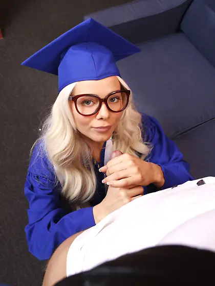 Adorable blonde babe gets fucked right after her graduation