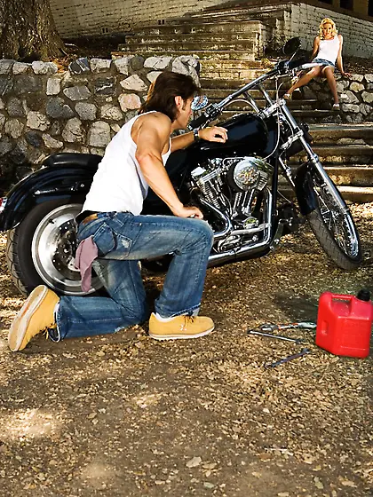 Holly Morgan sucks the dick of a man on a motorcycle and then ge