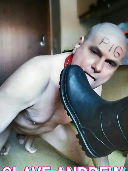 naked headshave slave Andrew licks shoes boots and