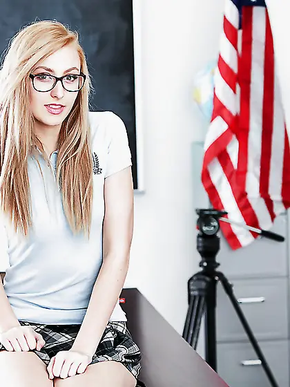 Winsome Nerdy blonde takes off uniform and doesn't care about fi