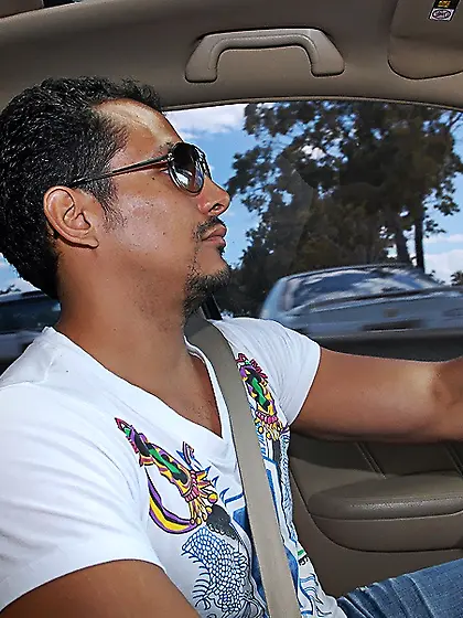 Hottie in red dress and high-heeled shoes works hard to please a