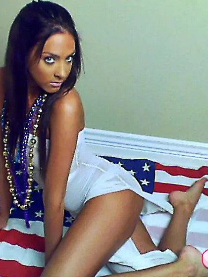 Slutty brunette hoe Ashleys Candy strips her slutty white dress