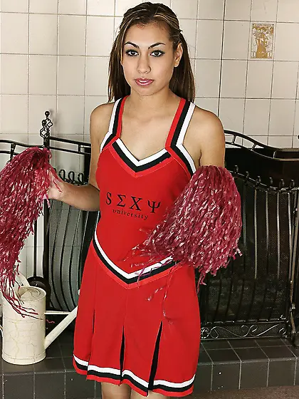 Petite latin cheer girl Jackie Diaz takes off her red uniform an
