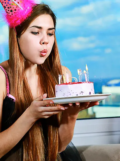 Leggy brunette shows her pussy to the viewer, on her birthday Vi