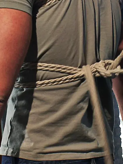 Blindfolded bound gay dude