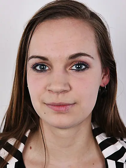 Shy brunette babe with long hair and shaved...