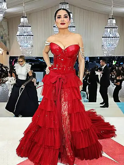 Salma Hayek in a red ball gown