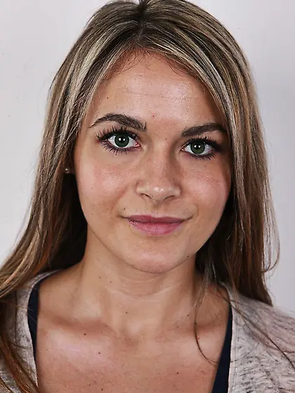 Lovely busty tanned babe with fair hair and...