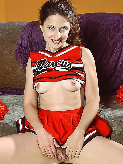 Mature cheerleader displays small