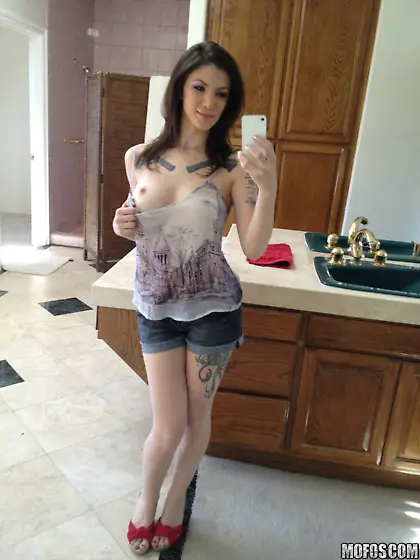 Tatted-up brunette with perfect tits gets her tight little a-hol