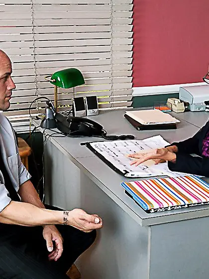 Busty brunette Emily Parkee has a stiff dick fucking her mouth a