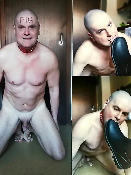 bdsm scat master show his naked human toilet slave