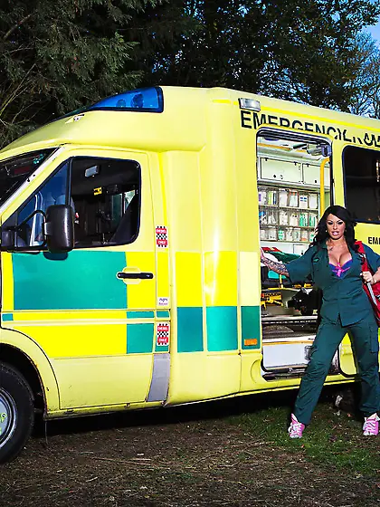 Busty EMT brunette hottie blowing and fucking random dudes on ca