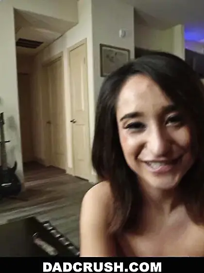 Petite shaved brunette pounded by kinky step...