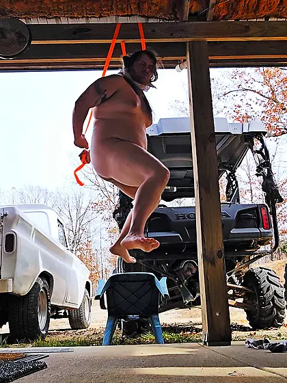 Chubby naked male hangs himself short drop suicide