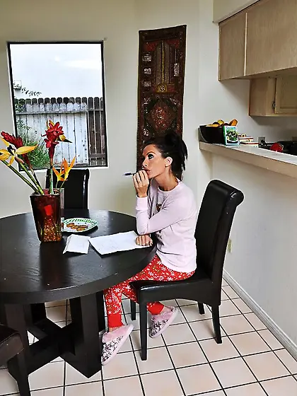 Classy brunette babe Randi Wright strips her black lingerie and