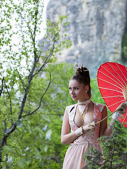Redhead sweetie Red Fox takes a nature walk and decides to remov