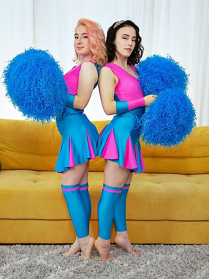 Saucy girls in cheerleader outfits fucking the same hunk in FFM