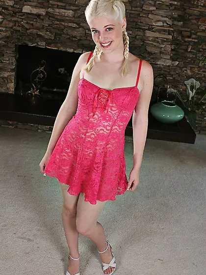 Small titted doll Charlotte Stokely takes off her red lingerie a