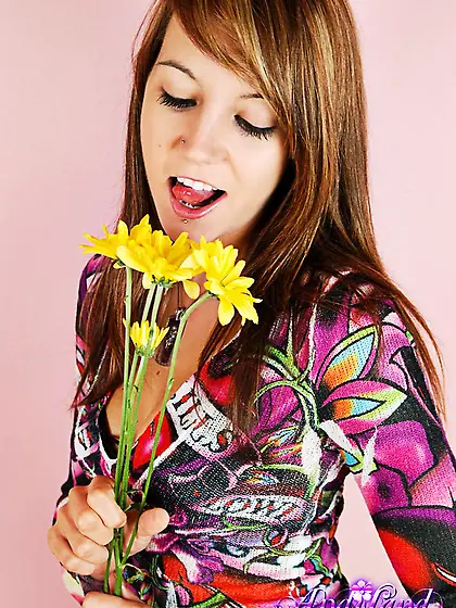Floral top brunette fishnets