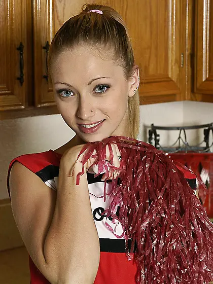 Cheerleader Adel Sharpe shows her tiny boobs and then toys her s