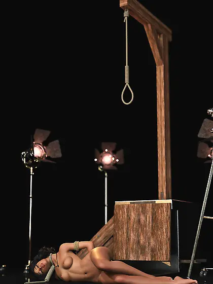 The dead body of a girl hanged in a photo studio