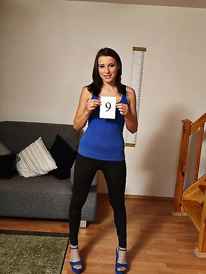 Naughty brunette chick Victoria Daniels is at home nude and havi