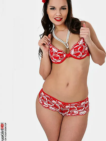 Delicious brunette chick Eve Angel losing off red lingerie and s