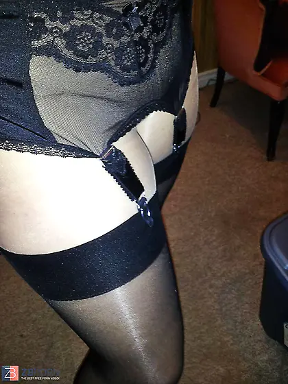 Ebony garter dark-hued pantyhose bare hose pipe