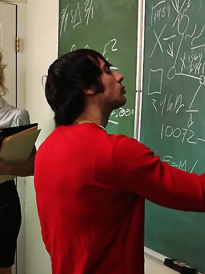 Monica Mayhem strips her sexy outfit off in her classroom and fu